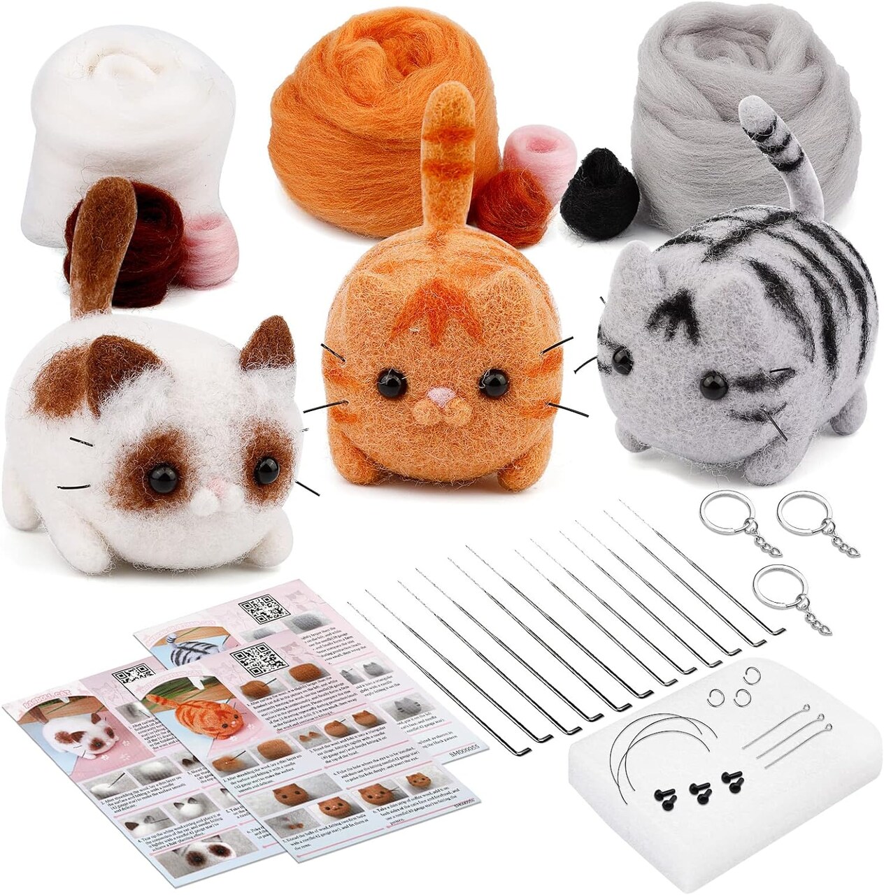 Needle Felting Kits, Needle Felting Starter Kit with Instructions, Felting Pad, Felting Wool, Felting Needles, Keychain and Split Ring for Craft Project and DIY Handmade